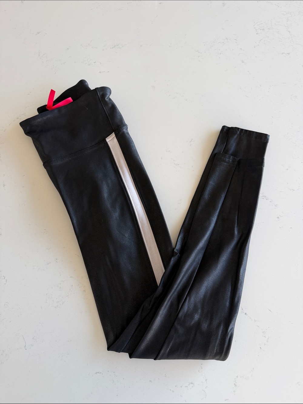 SPANX Black Faux Leather Leggings with Cream Side Stripe